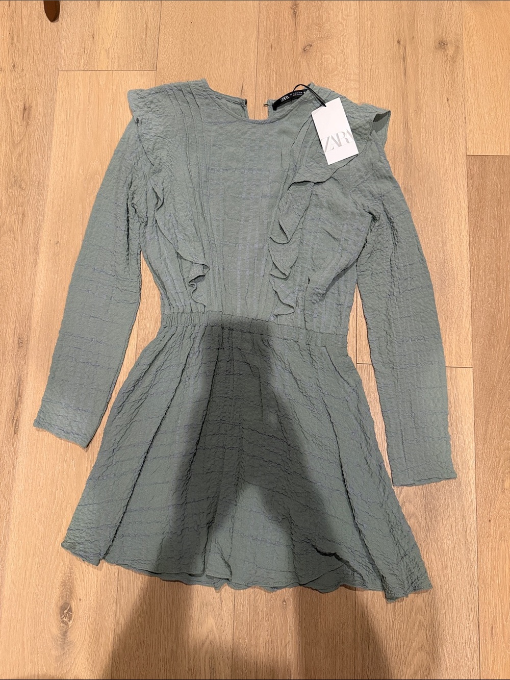 Zara Sage Green Ruffle Detail Long-Sleeve Dress